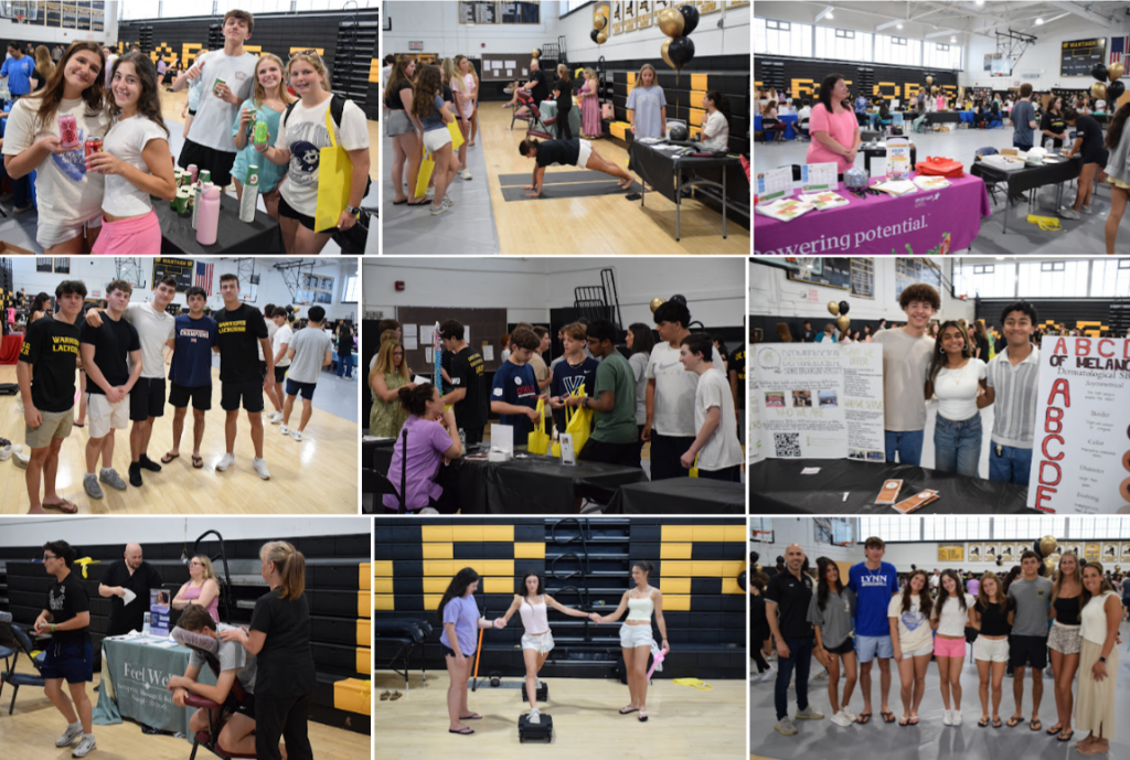 group of photos of students looking at nutrition information and exercising